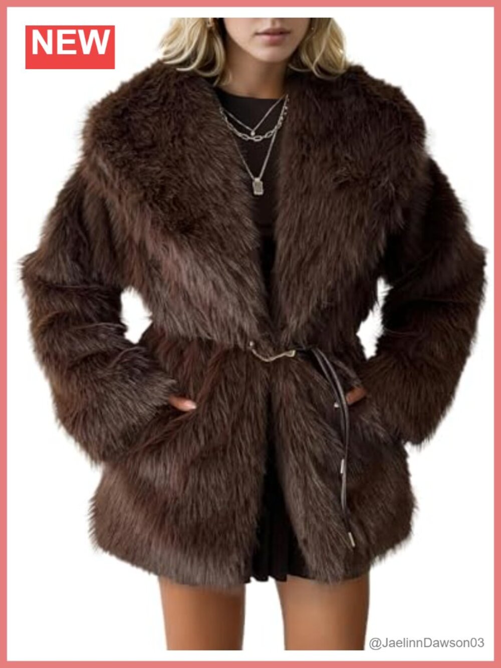 Womens Faux Fur Coat Winter Warm Fuzzy Belted Lapel Party Jacket